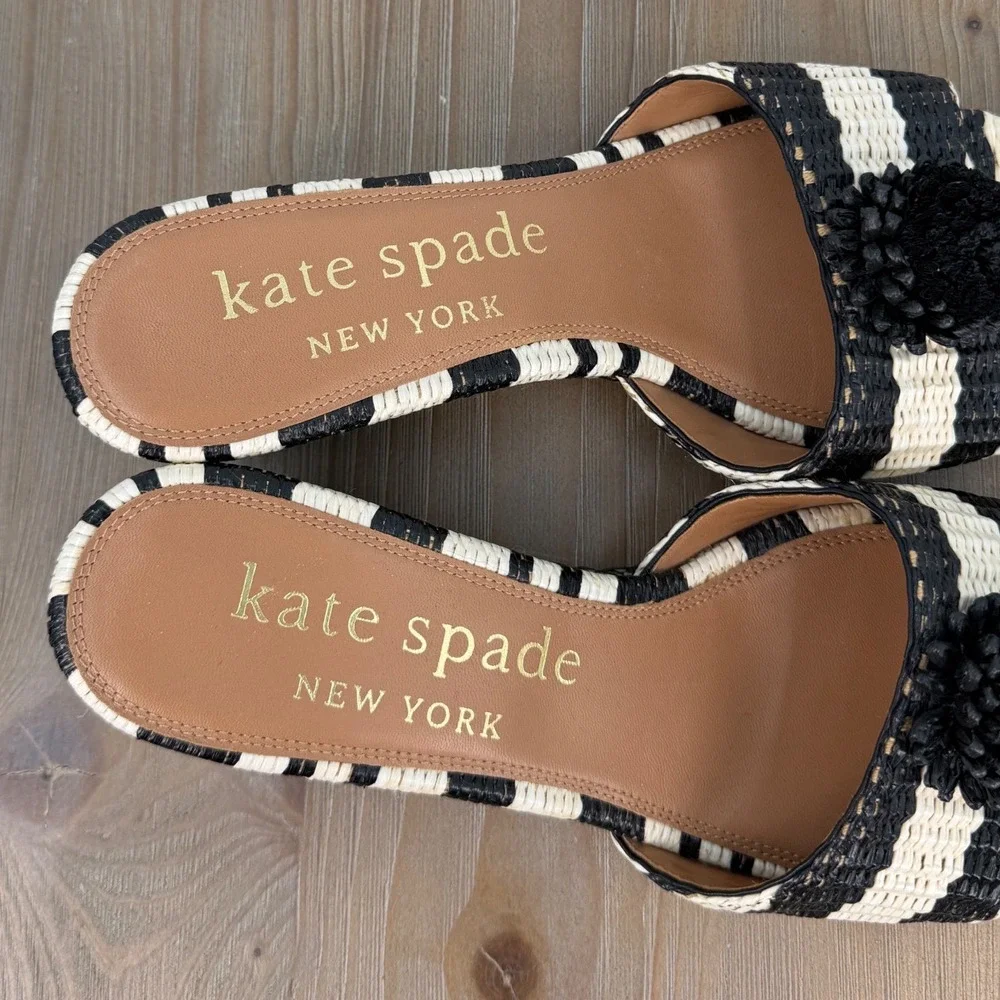 Kate Spade Leather Seville Black Striped Raffia Wedge Sandals Pom Pom Womens 9.5